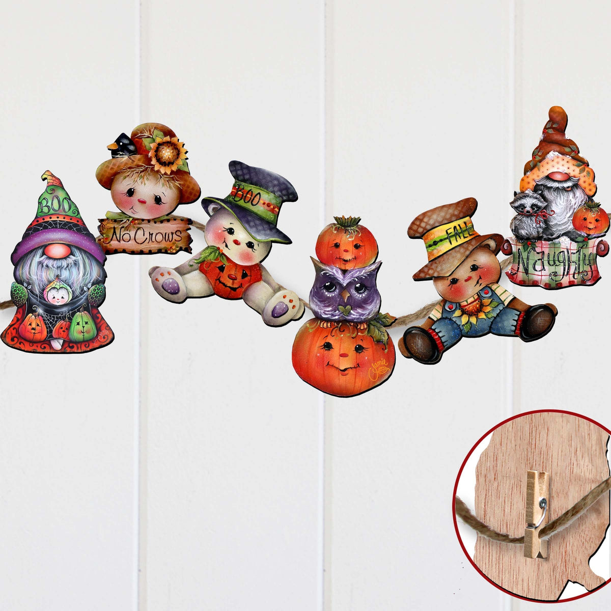 Hello Fall - Pumkin, Scarecrow, Gnome Clip-On Eco Wood Decorative Ornaments Set of 6 by Jamie Mills-Price - Thanksgiving Decor - 8090047C-MP-S6
