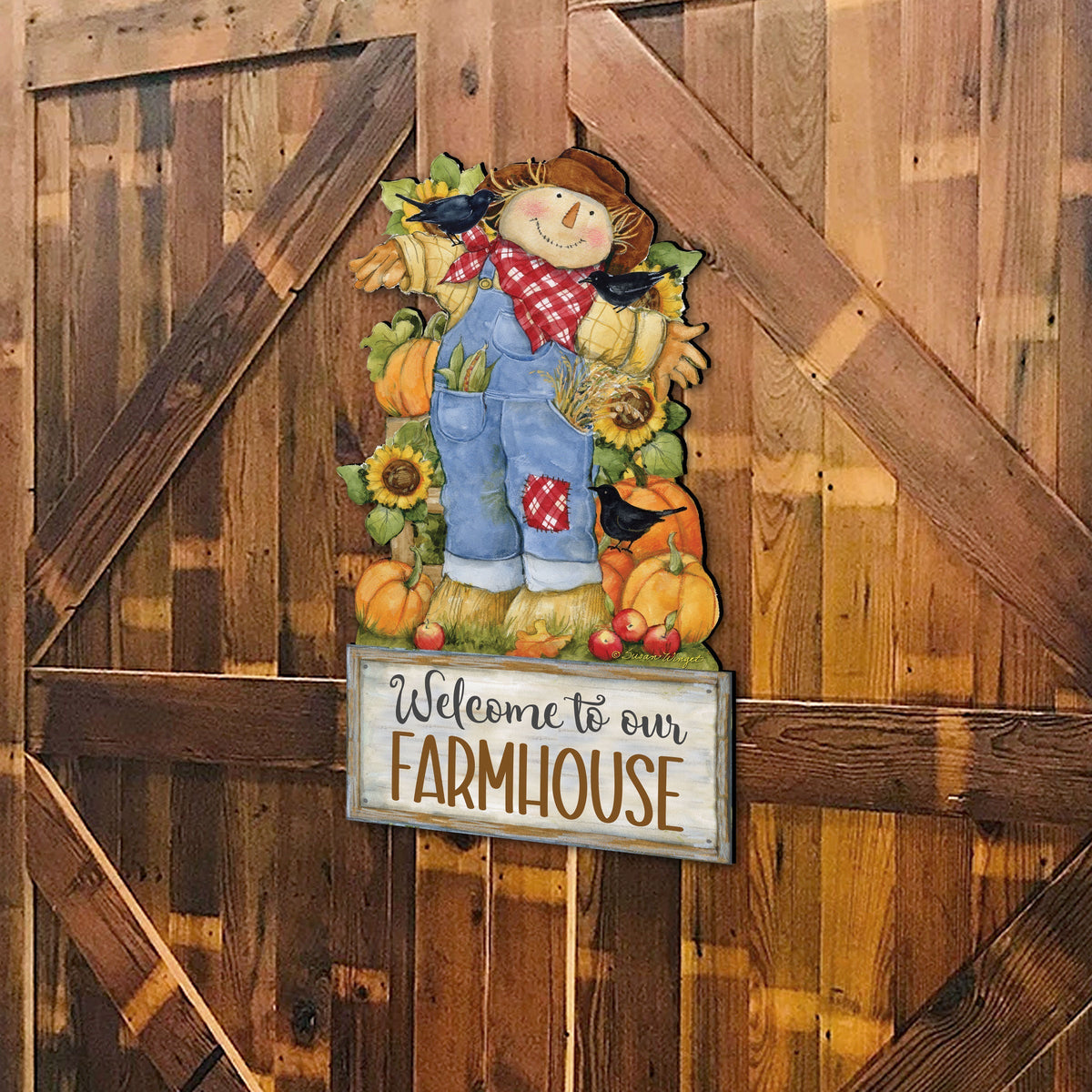 Farmhouse Door Hanger Fall Decoration Harvest Scarecrow Welcome Sign - Handmade Gift Autumn Adornment by Susan Winget - 8471211-2H-SW