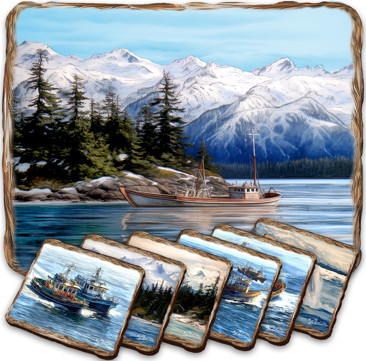 Fishing Boats Wooden Cork Placemat and Coasters Gift Set of 7 by Nature Wonders Coastal Wildlife Decor  - 85405C-S7