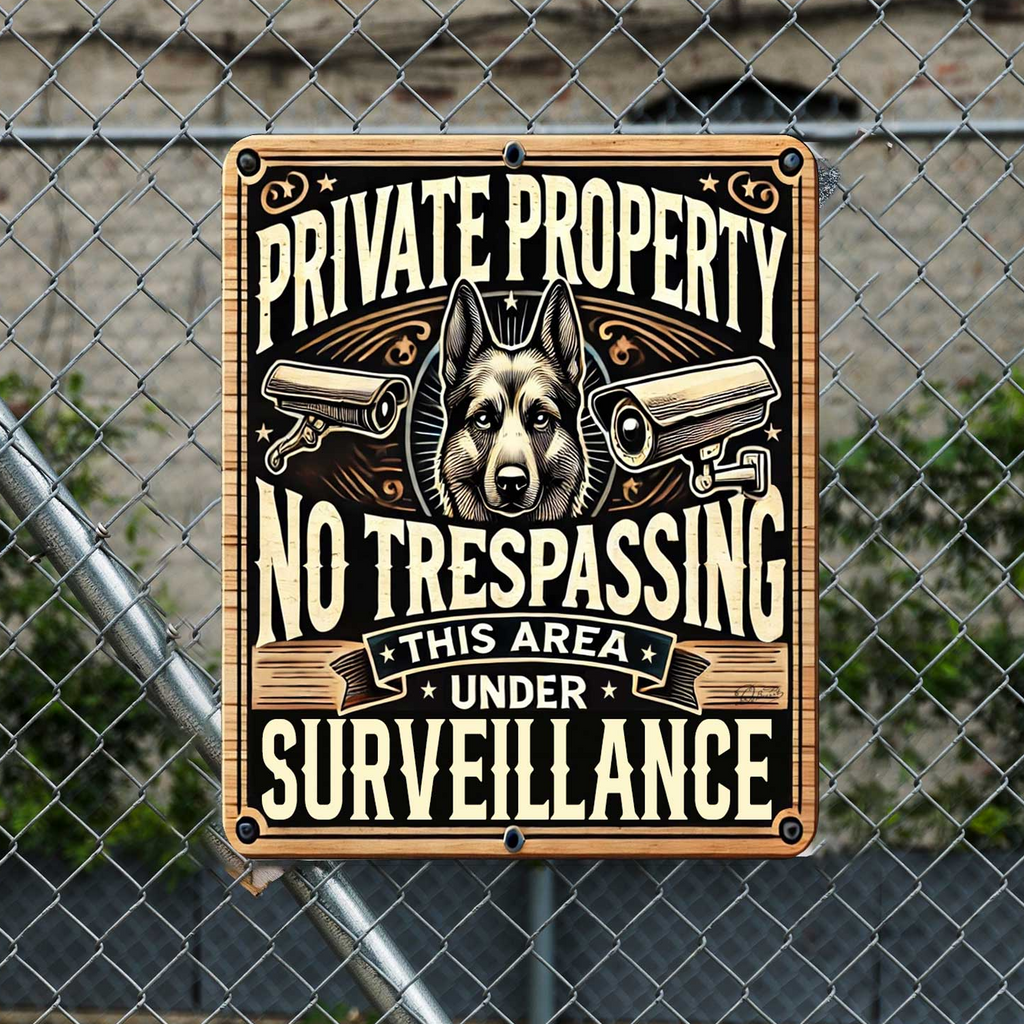 Private Property No Trespassing Surveillance Wooden Sign – Handcrafted Rustic Dog Security Sign by Designocracy – Indoor & Outdoor Décor - 961064