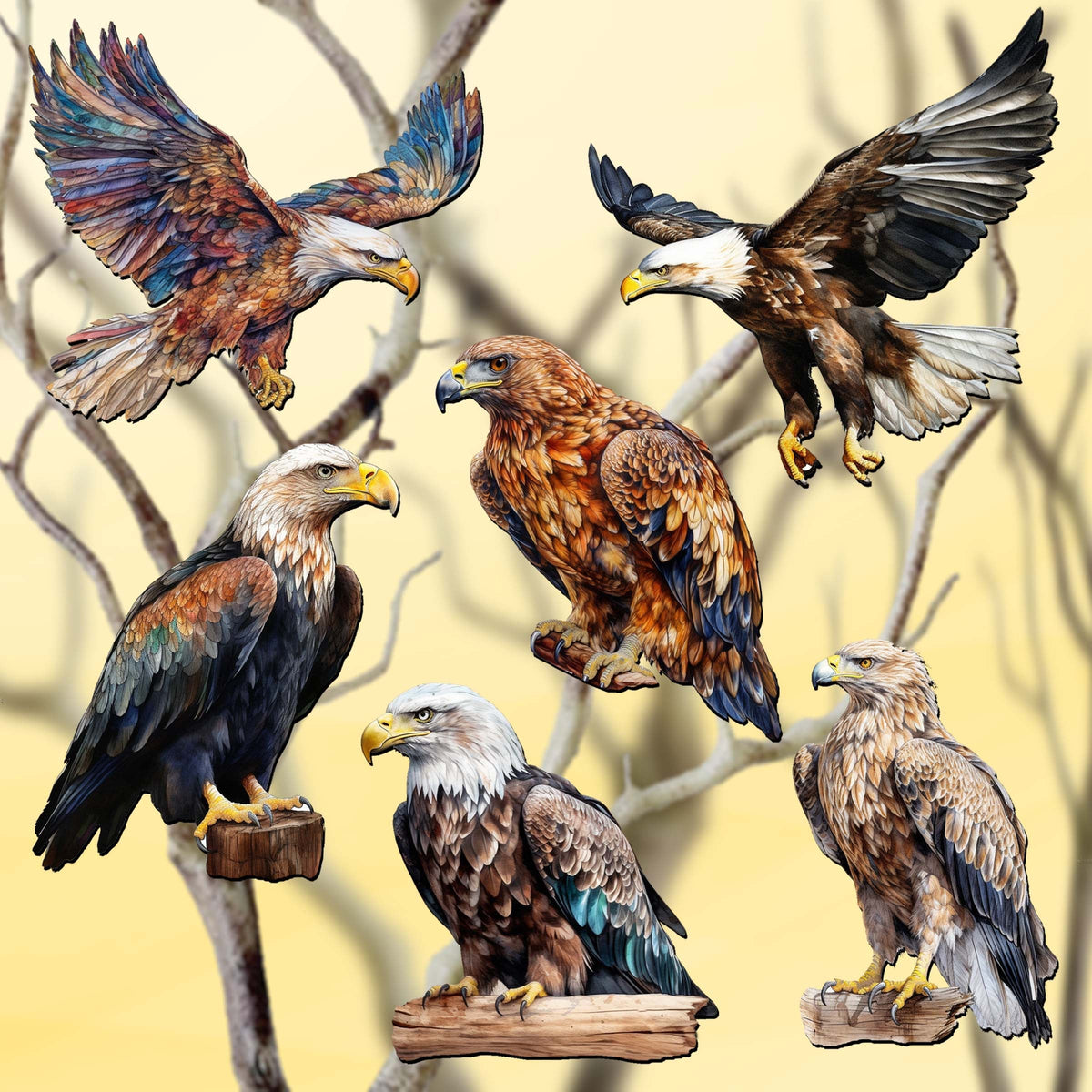 Eagle's Flight Clip-On Eco Wood Decorative Ornaments Set of 6 by G. Debrekht - Wildlife Decor - 8090101C-S6