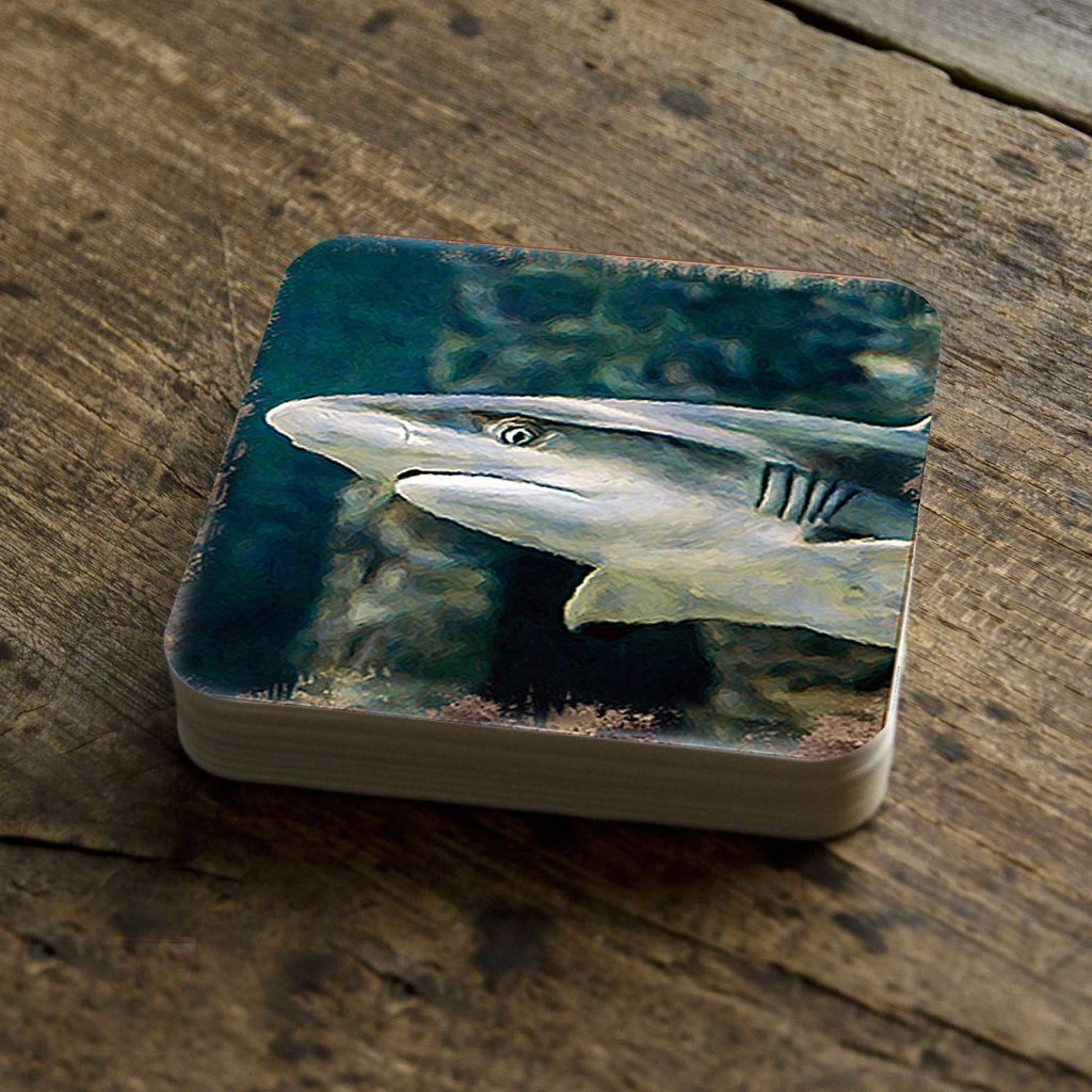 Shark Coastal Wooden Cork Coasters Gift Set of 4 by Nature Wonders - Coastal Sea-Life Decor - 95324C-S4