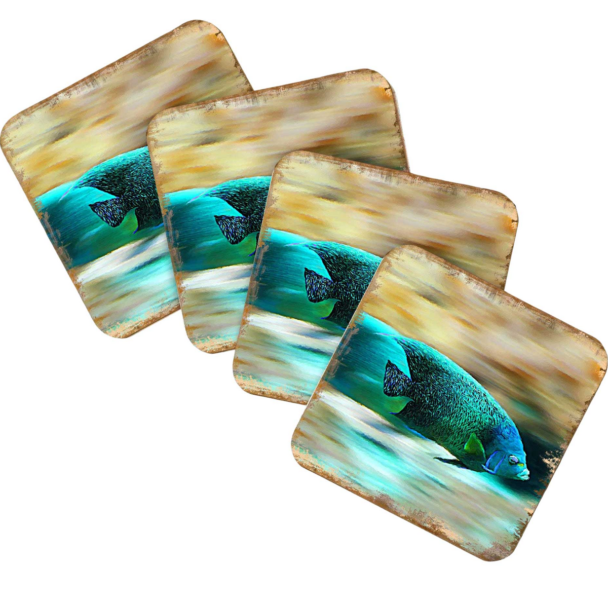 Green Tropical Fish Coastal Wood Coasters Set of 4 by Nature Wonders - 95264C-S4