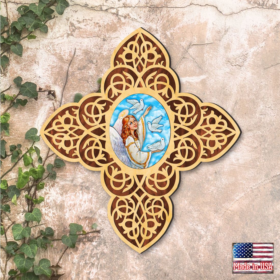 Guardian Angel Dove Filigree Wooden Cross by Museum Icons - Inspirational Icon Decor - 88491