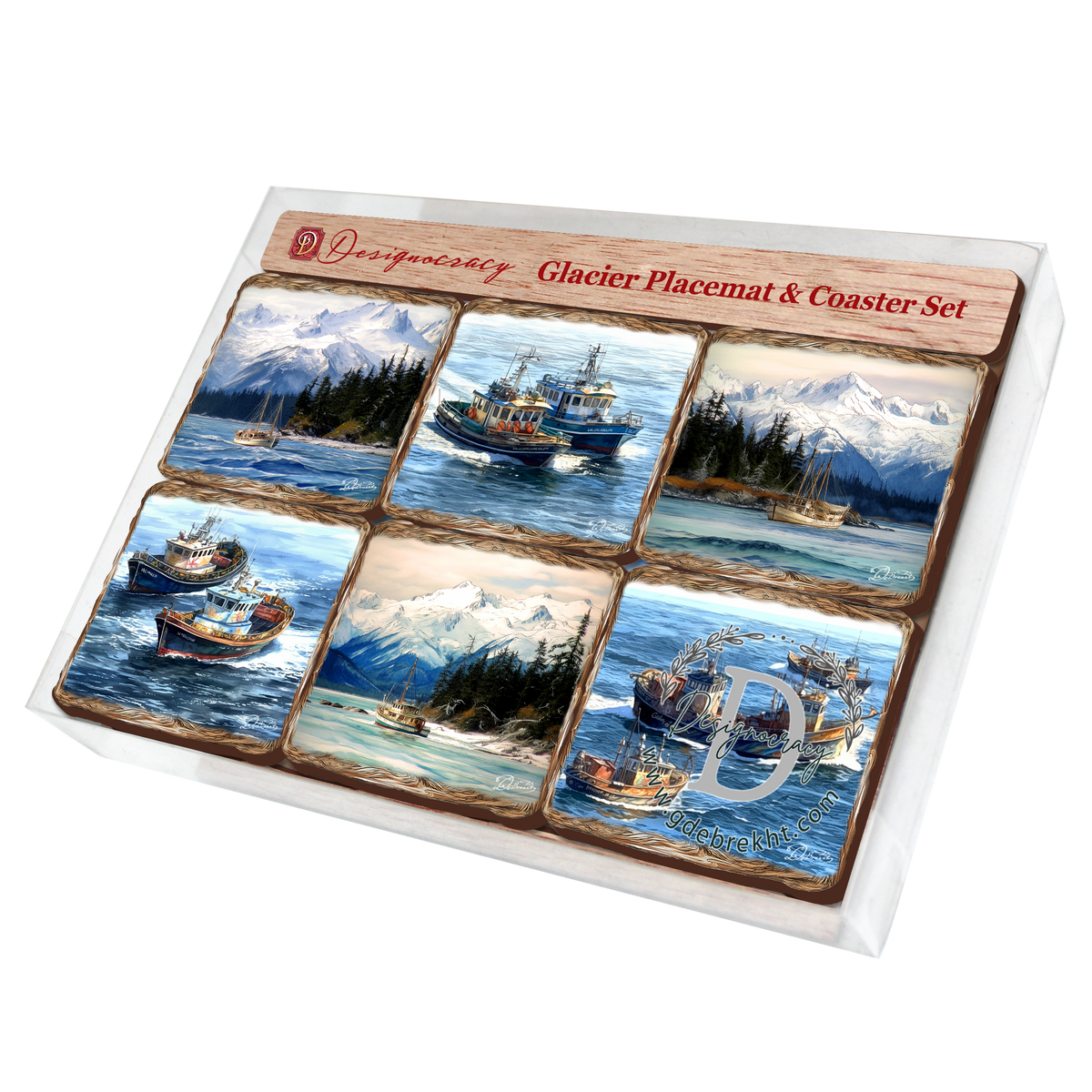 Fishing Boats Wooden Cork Placemat and Coasters Gift Set of 7 by Nature Wonders Coastal Wildlife Decor  - 85405C-S7