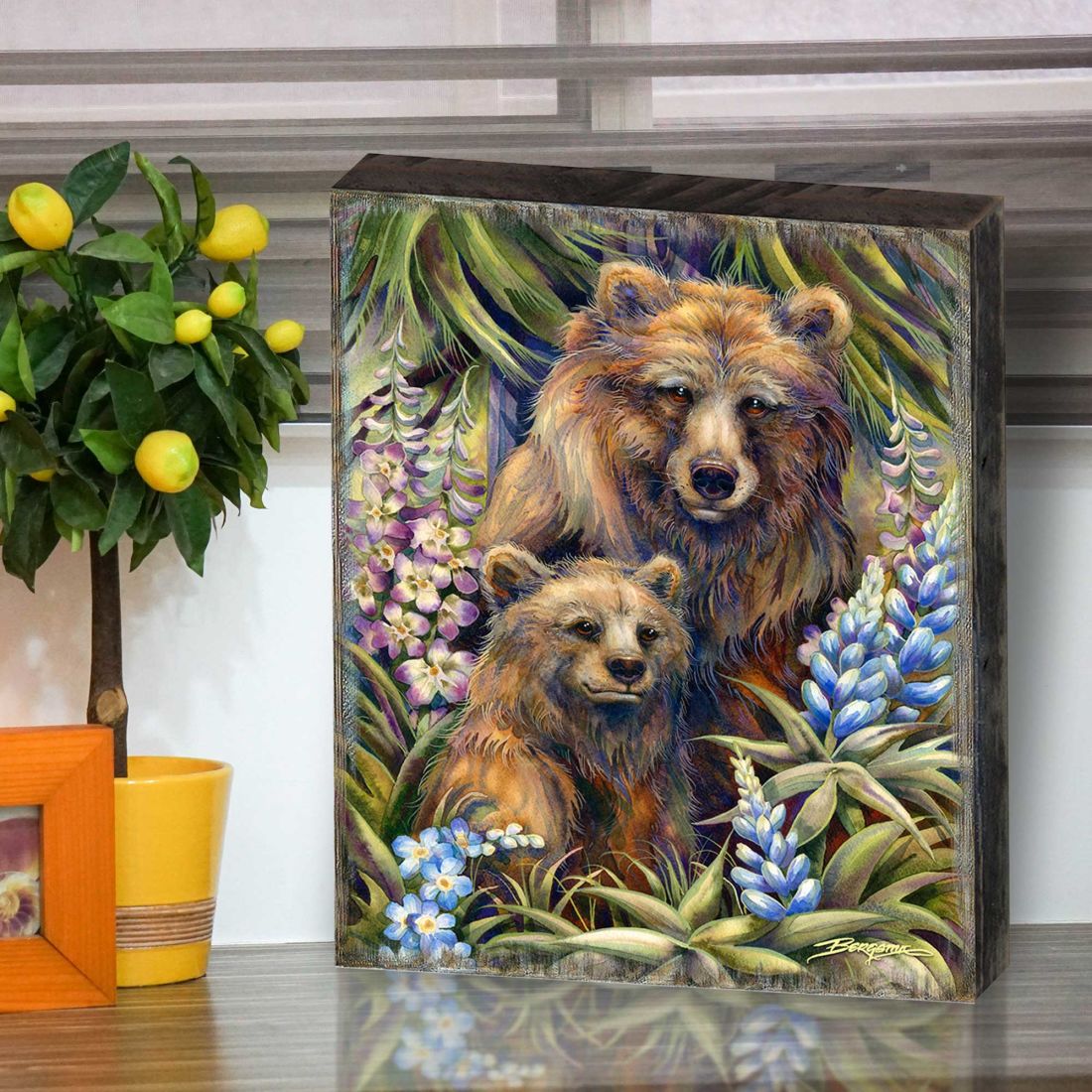 Grin & Bear it Grizzly Mother & Cub Wooden Wall Art by J. Bergsma - Nature Wildlife Decor - 85922947B-JB
