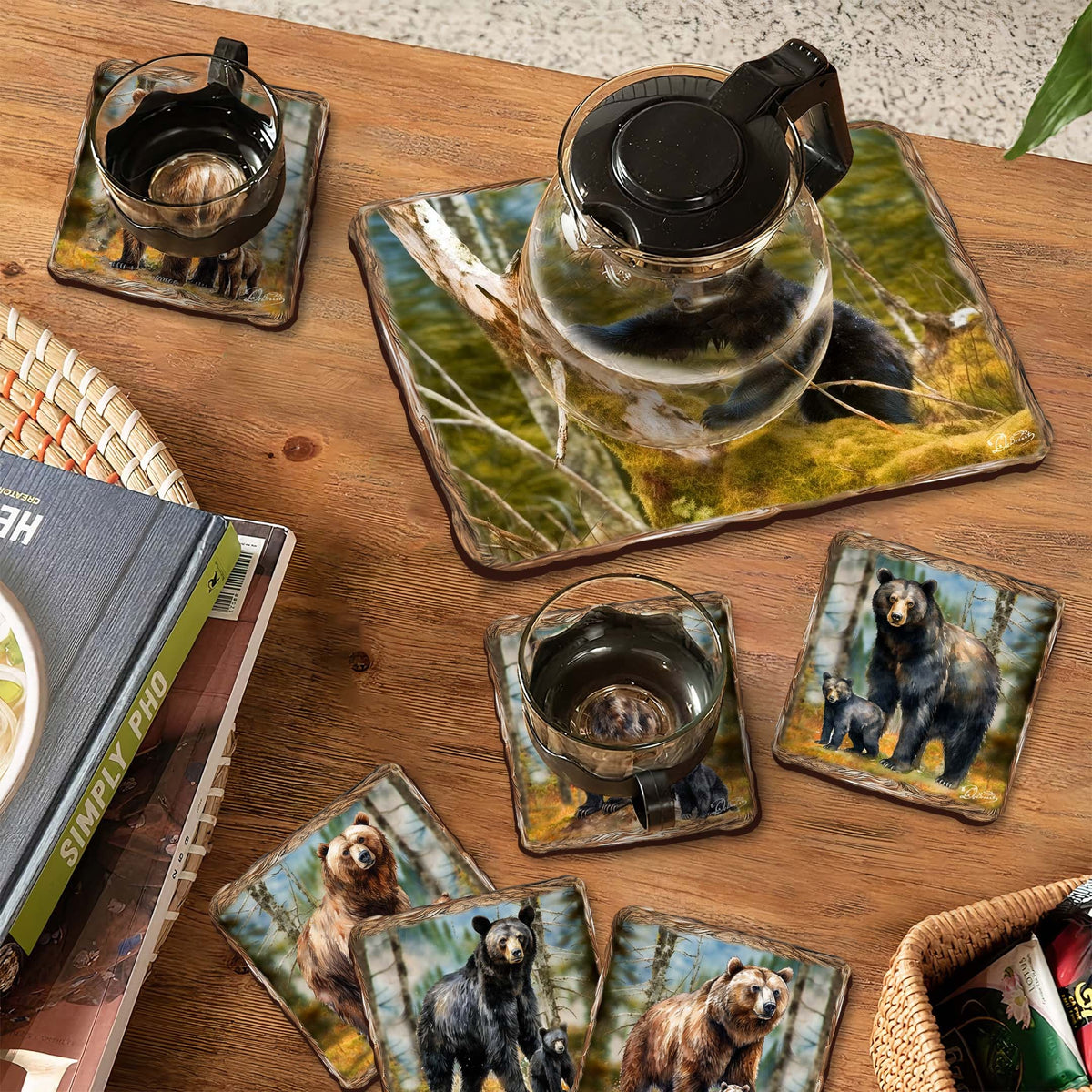 Bear Haven Wooden Cork Placemat and Coasters Gift Set of 7 by Nature Wonders Nature Wildlife Décor  - 85409C-S7