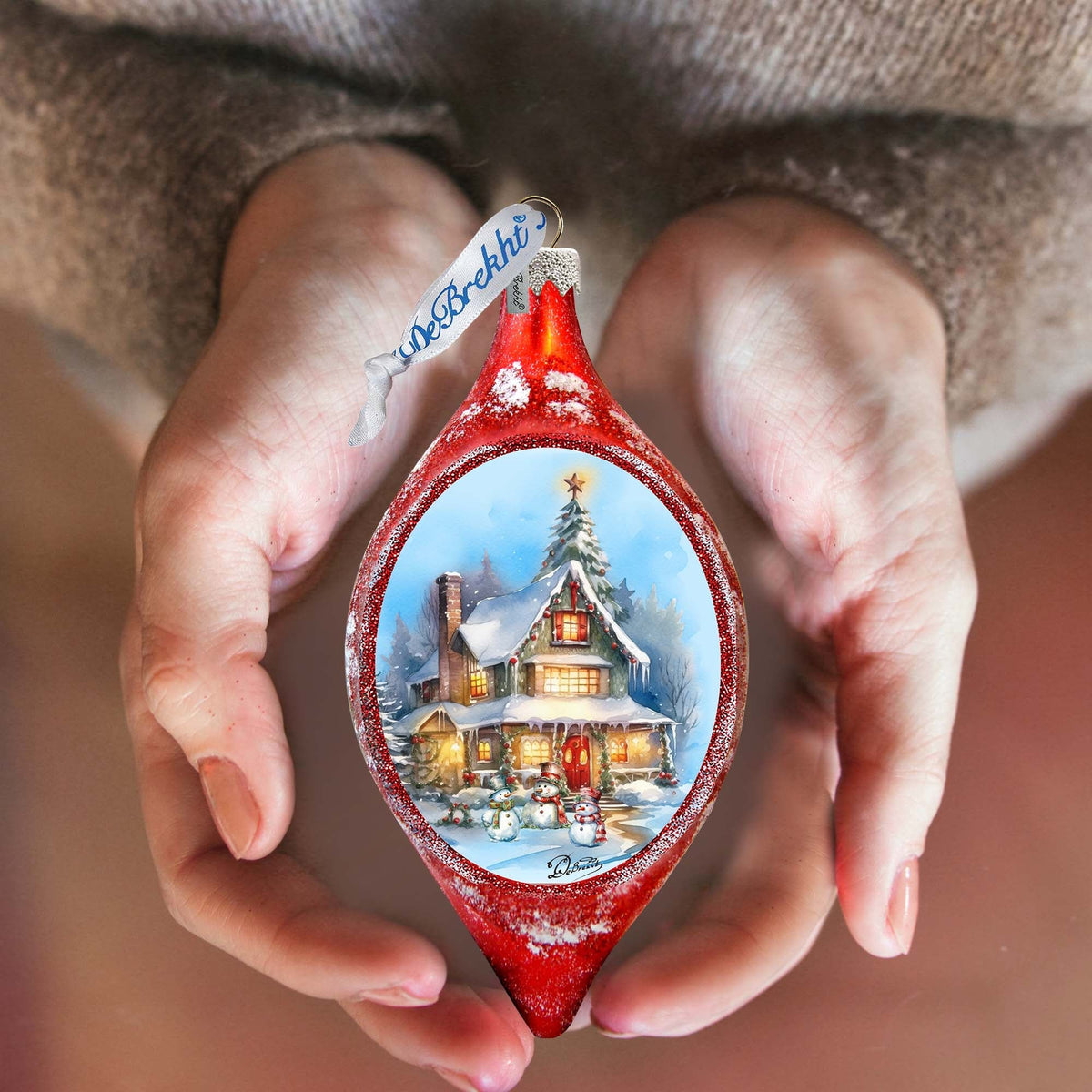 Christmas Cottage in Red Drop Glass Ornament by G. Debrekht Christmas Decor - 757-043