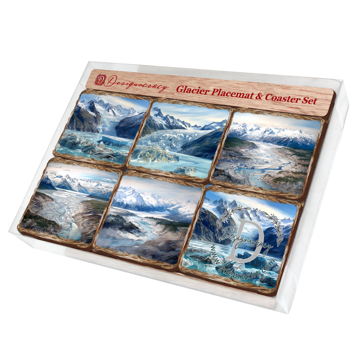 Glacier's Majesty Wooden Cork Placemat and Coasters Gift Set of 7 by Nature Wonders Nature Wildlife Decor  - 85402C-S7