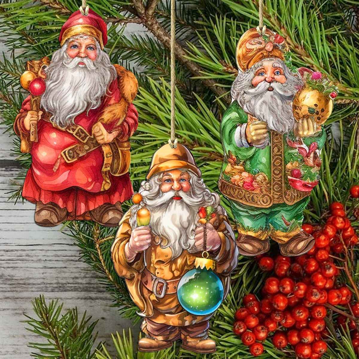 Colorful Santa Decorative Eco Wood Ornaments Set of 3 by G. Debrekht - Christmas Decor - 8091050-2-S3