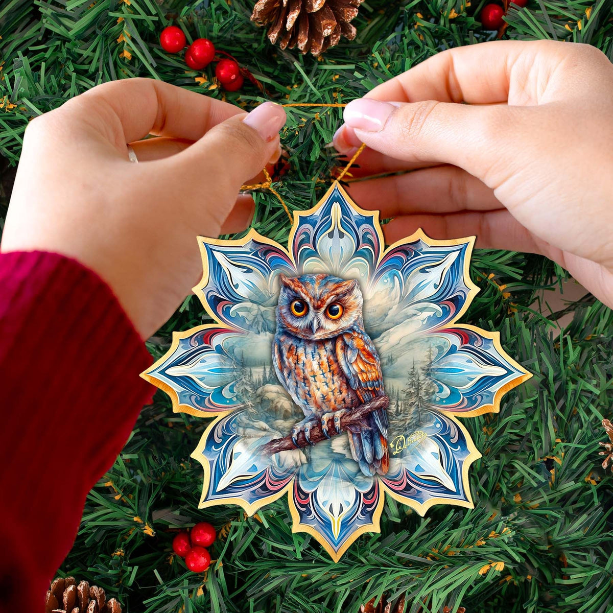 Great Horned Owl Snowflake Wooden Ornaments by G. Debrekht - Nature Wildlife Decor - 8688436