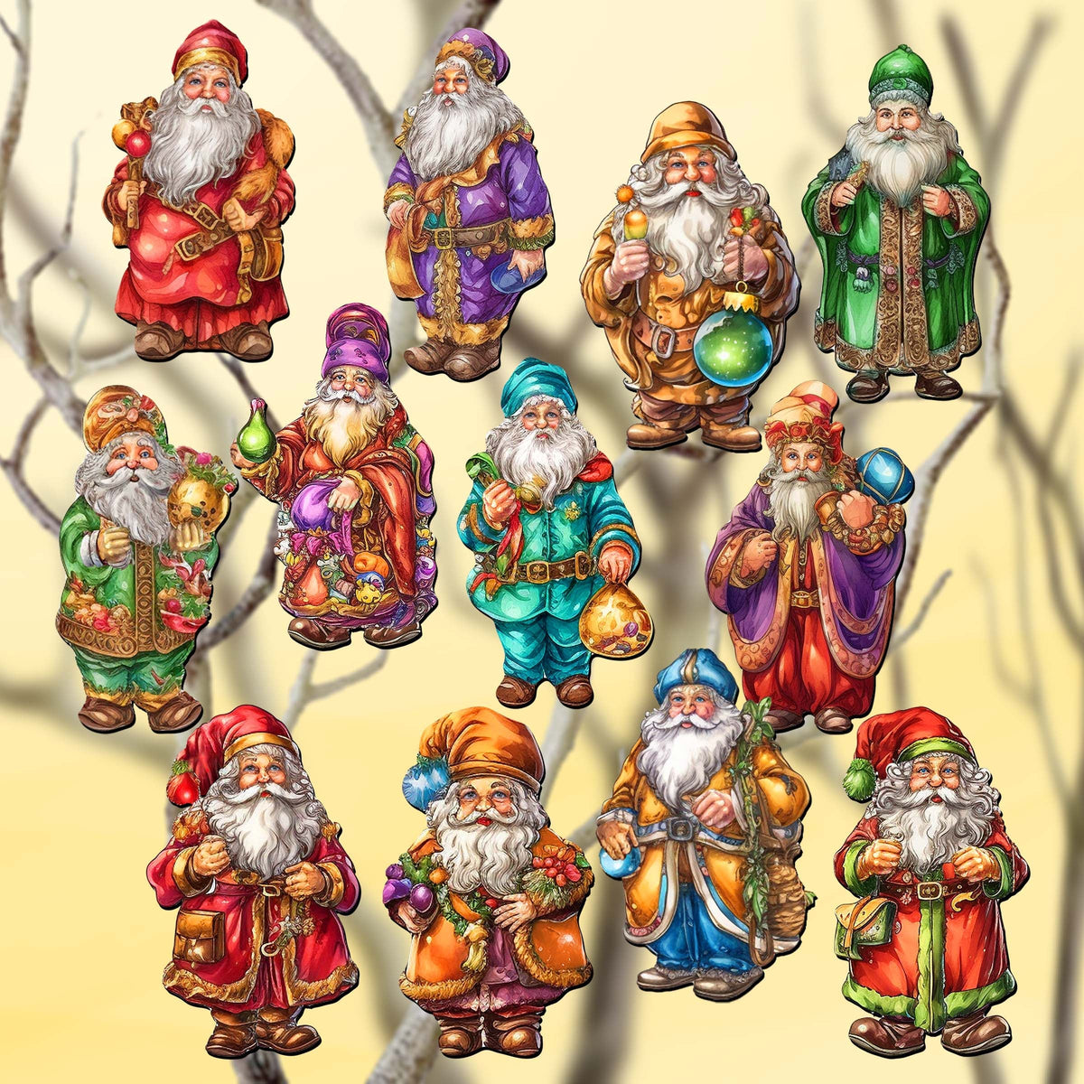 Colorful Santa Clip-On Eco Wood Decorative Ornaments Set of 12 by G. Debrekht - Christmas Decor - 8090050C-S12
