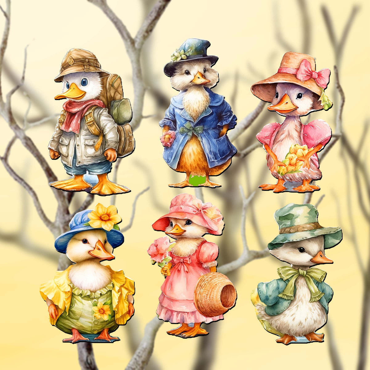 Easter Ducks Clip-On Eco Wood Decorative Ornaments Set of 6 by G. Debrekht - Easter Decor - 8090043C-S6