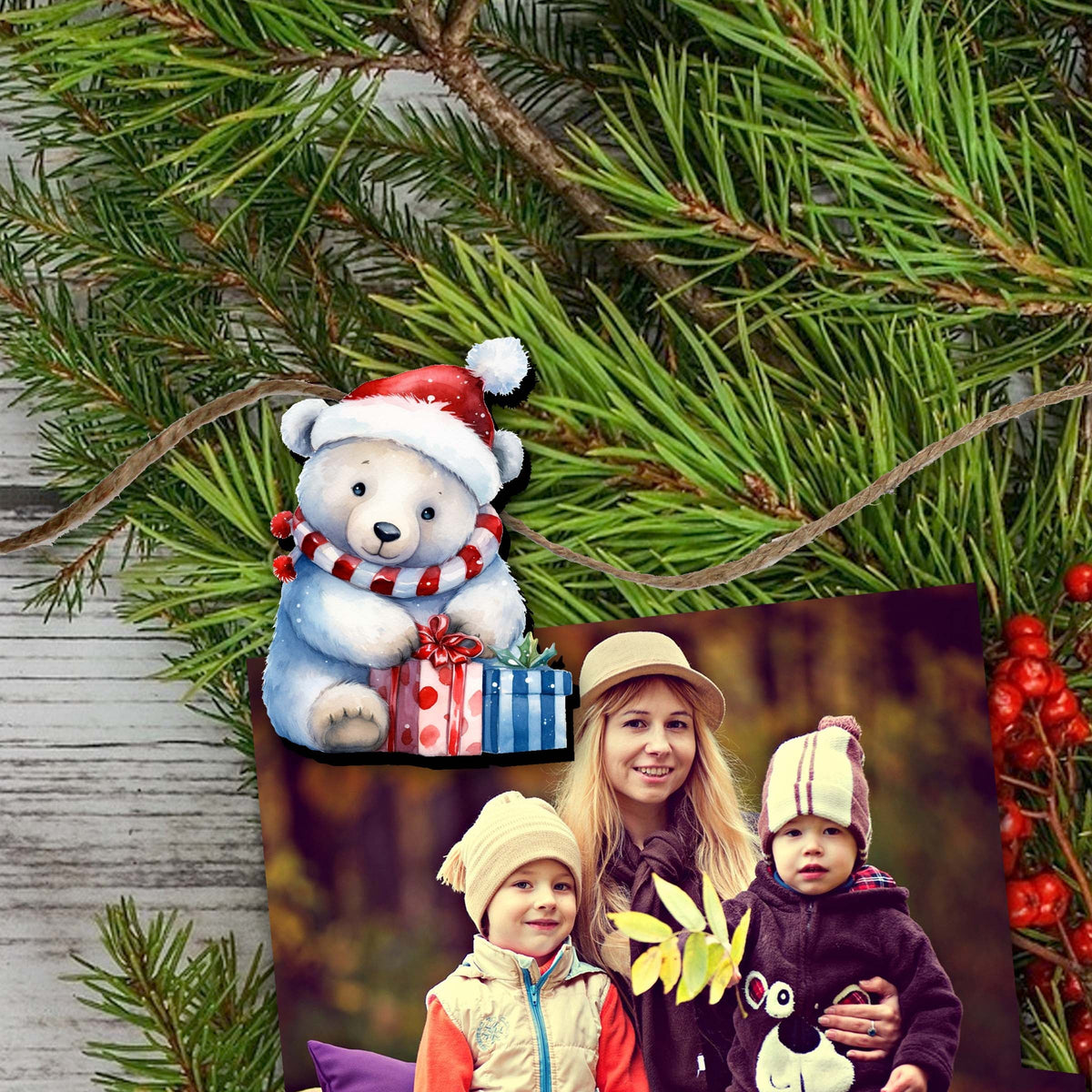 Christmas Teddy Bear Clip-On Eco Wood Decorative Ornaments Set of 6 by G. Debrekht - Christmas Decor - 8090011C-S6