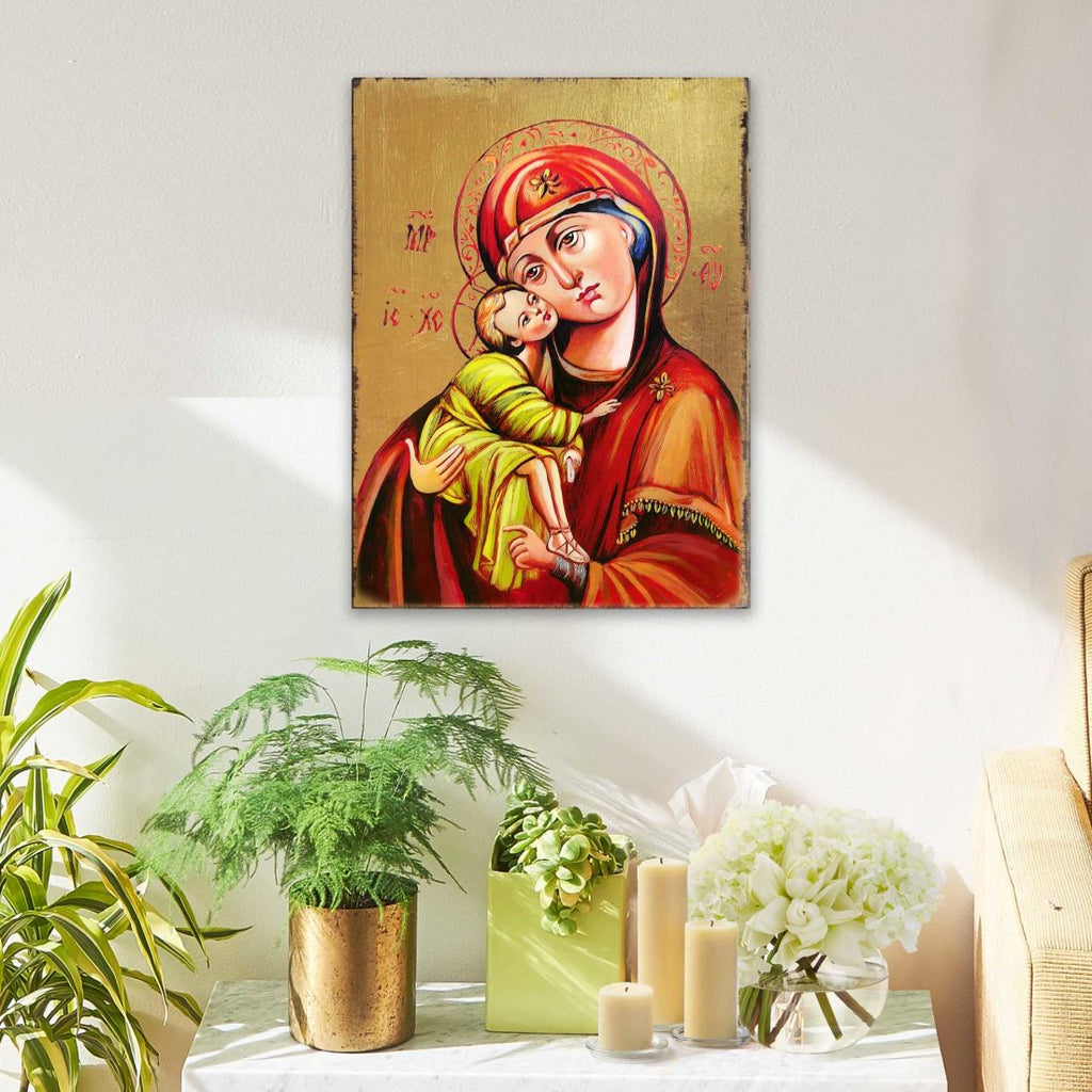 Vladimir Virgin Mary Wooden Gold Plated Religious Orthodox Sacred Icon - Inspirational Icon Decor - 85011