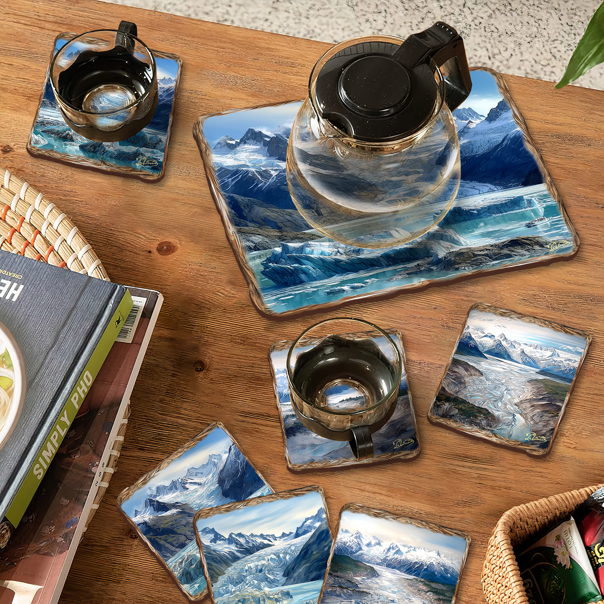 Glacier's Majesty Wooden Cork Placemat and Coasters Gift Set of 7 by Nature Wonders Nature Wildlife Decor  - 85402C-S7