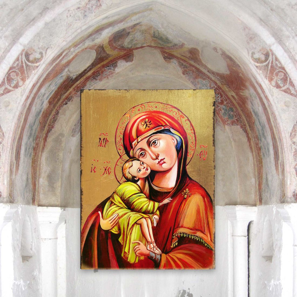 Vladimir Virgin Mary Wooden Gold Plated Religious Orthodox Sacred Icon - Inspirational Icon Decor - 85011
