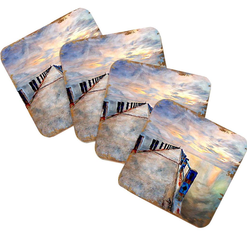 Pier Coastal Wooden Cork Coasters Gift Set of 4 by Nature Wonders - Coastal Sea-Life Decor - 95273C-S4
