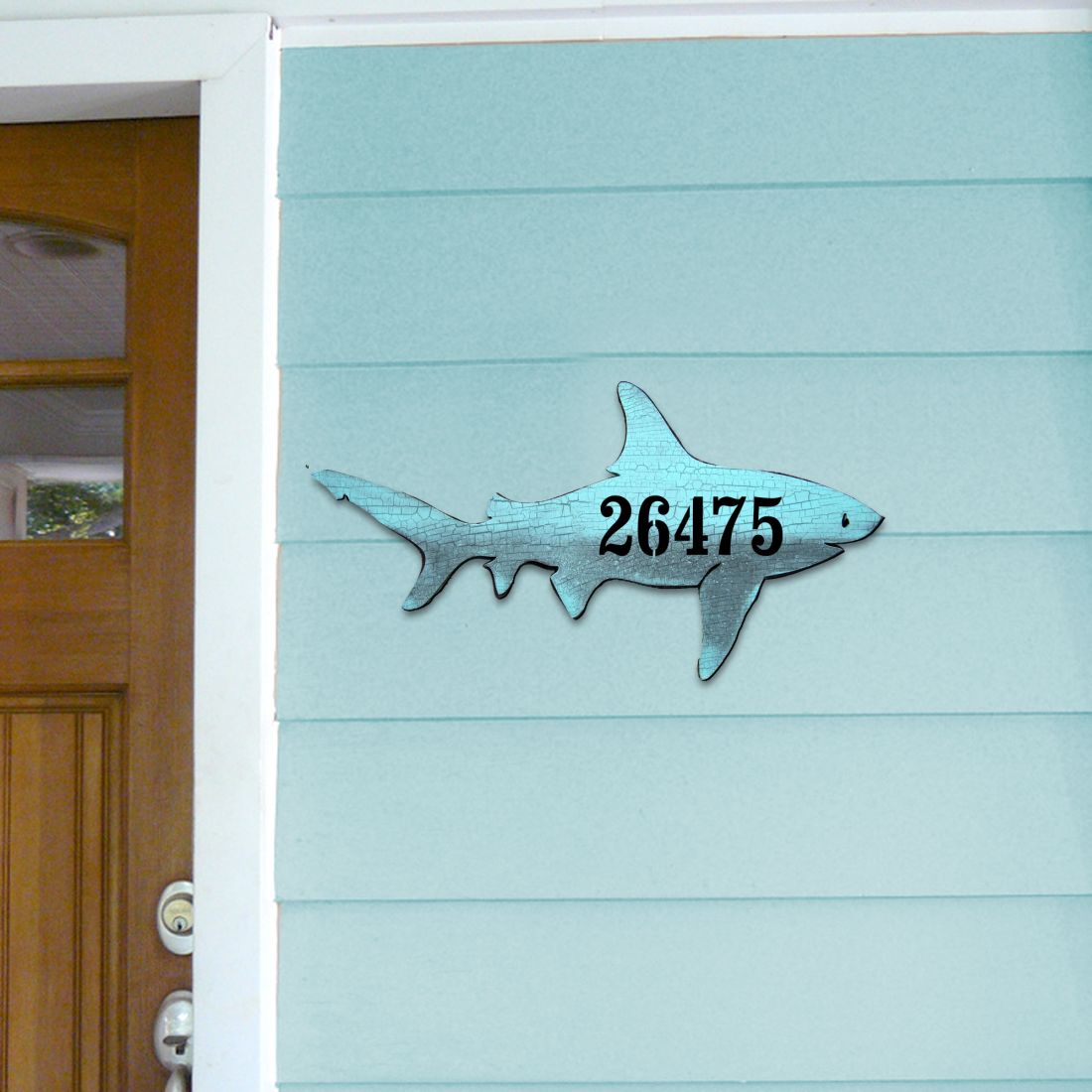 Shark Coastal Wooden Personalized House Number Sign by G. Debrekht - Coastal Sea-Life Decor - Handcrafted Wooden Handcrafted Wooden Handcrafted Wooden Address Sign - MA98515