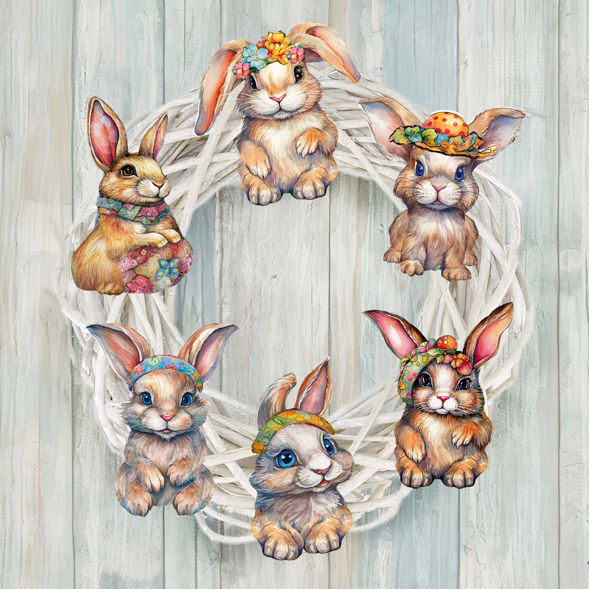 Easter Bunnies Clip-On Eco Wood Decorative Ornaments Set of 6 by G. Debrekht - Easter Decor - 8090042C-S6