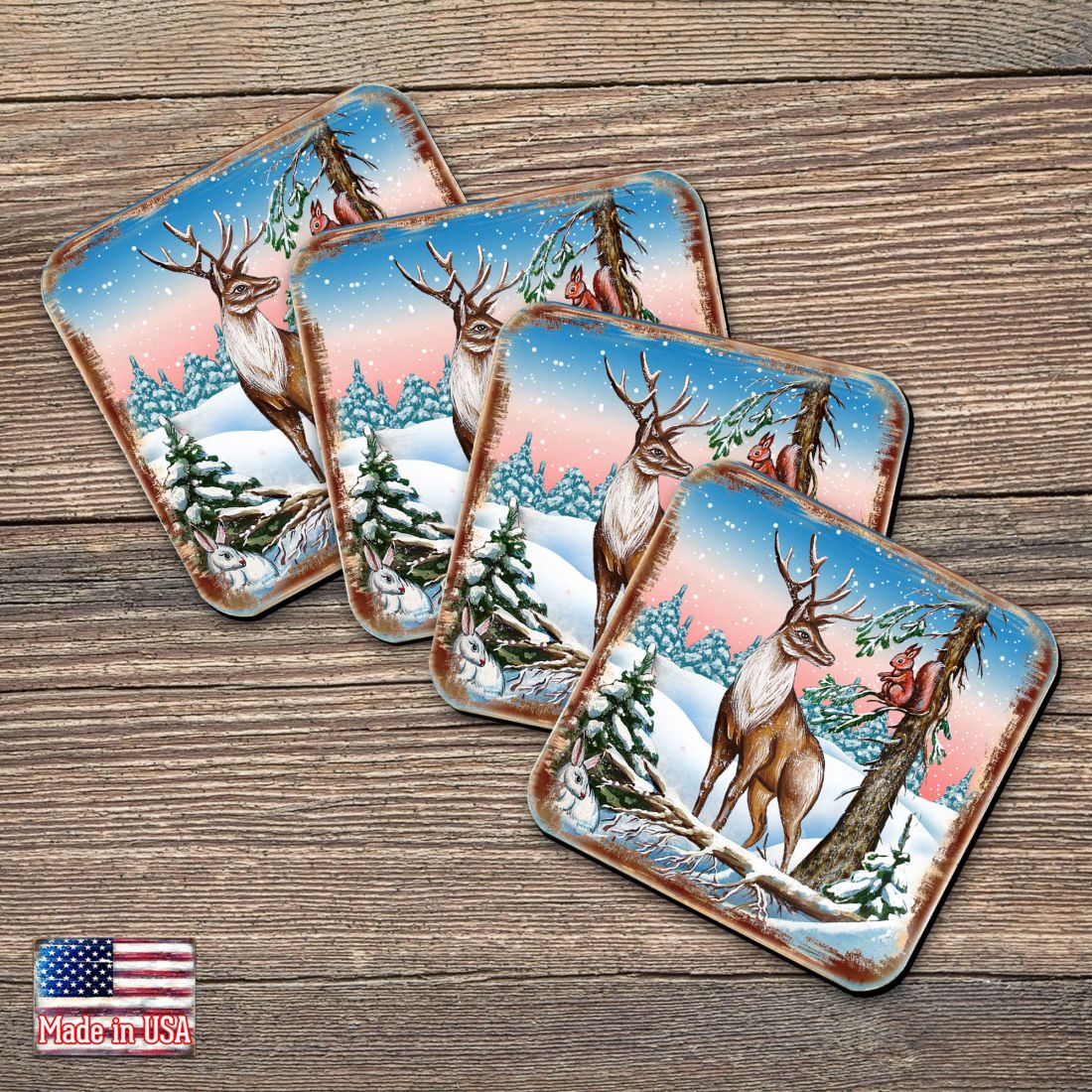 Deer Wooden Cork Coasters Gift Set of 4 by Nature Wonders - Nature Wildlife Decor  - 95379C-S4