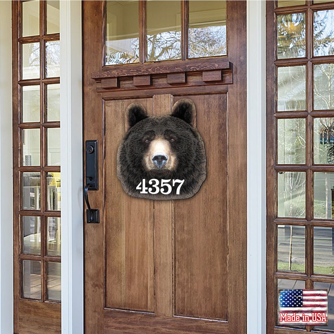 Bear Log Cabin Wooden Personalized House Number Sign by G. Debrekht - Nature Wildlife Decor - Handcrafted Wooden Address Sign - MA982145