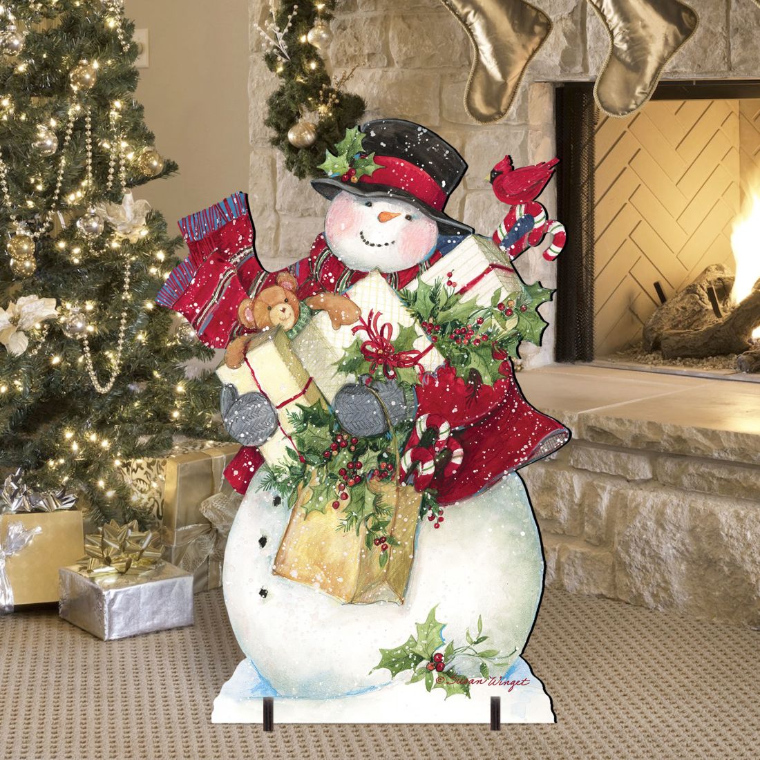 Dark Night Presents Christmas Outdoor Yard Sign by Susan Winget - Christmas Santa and Snowman Decor - 8471104F-SW