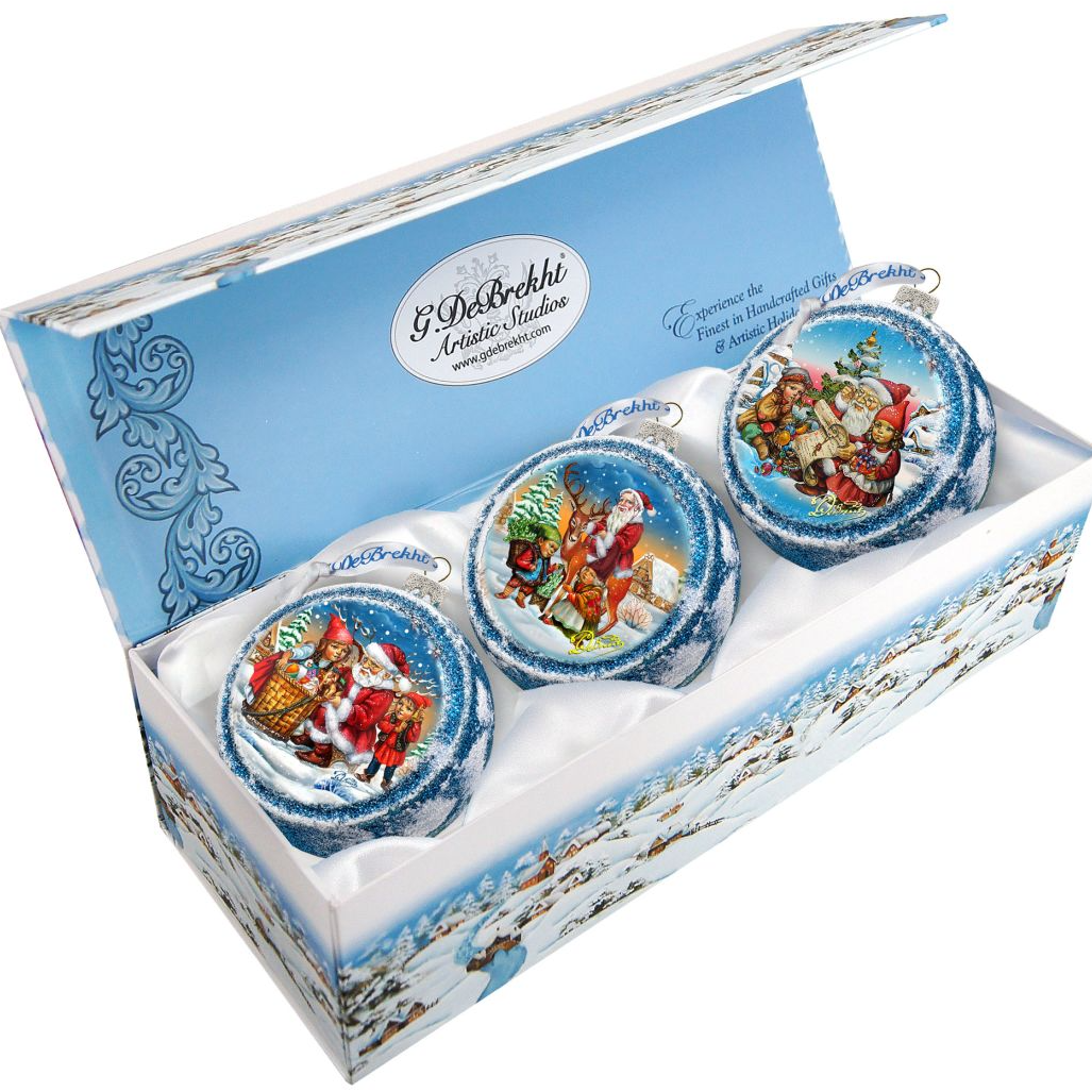 Christmas Glass Ornament Set of 3 by G. DeBrekht - Christmas Santa Snowman Decor - 73742-S3