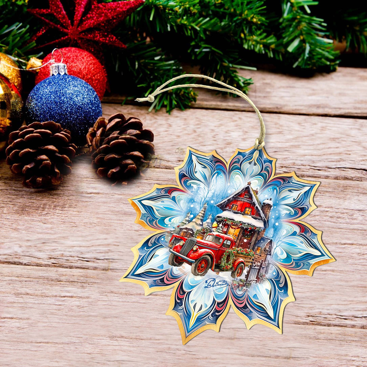 Christmas Cottage Snowflake Large Wooden Ornament by G. Debrekht - Christmas Décor - 8688406M