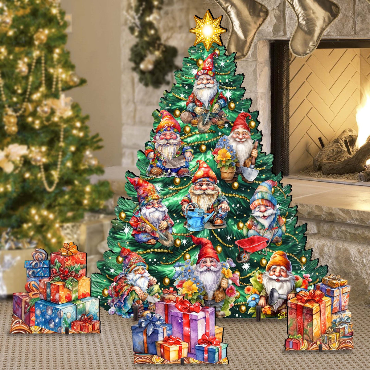 Gnomes-Themed Christmas Tree Set Outdoor Indoor Decor Wooden Christmas Decoration by G. Debrekht Christmas Decor - 8191512F-G