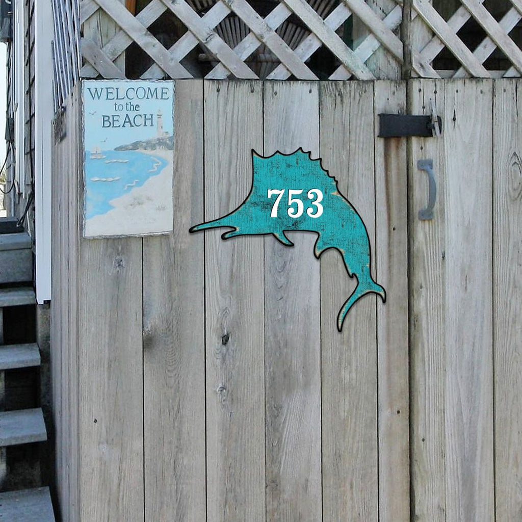 Swordfish Coastal Personalized House Number Sign by G. Debrekht - Coastal Sea-Life Decor - Handcrafted Wooden Handcrafted Wooden Handcrafted Wooden Address Sign - MA985492