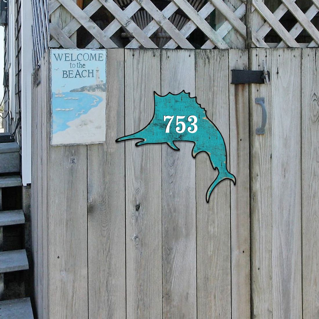 Swordfish Coastal Personalized House Number Sign by G. Debrekht - Coastal Sea-Life Decor - Handcrafted Wooden Handcrafted Wooden Handcrafted Wooden Address Sign - MA985492