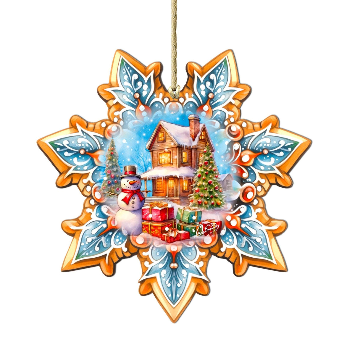 Snowman's Gifts Snowflake Large Wooden Ornament by G. Debrekht - Christmas Santa Snowman Decor - 8688404M