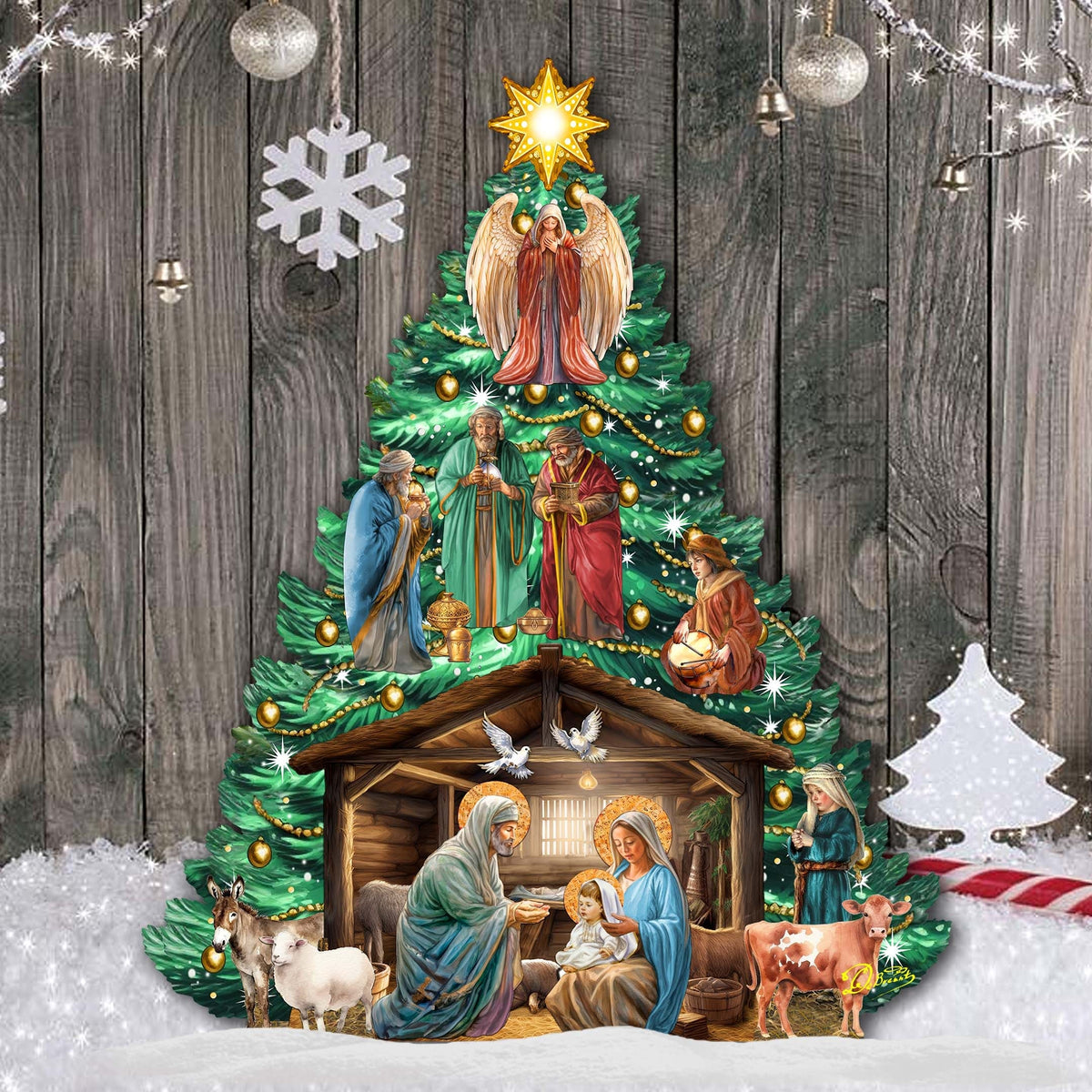 Nativity-Themed Christmas Tree Outdoor Indoor Decor Wooden Christmas Decoration by G. Debrekht Christmas Decor - 8191503-3F