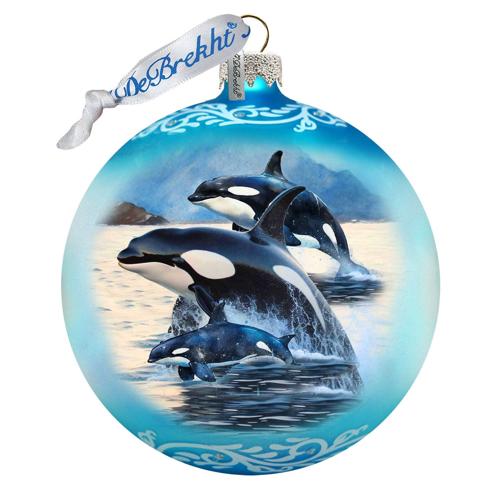 Orca Family Glass Ornament – Handcrafted Mercury Glass Ornament - Coastal Wildlife Holiday Decor by G. DeBrekht – 73391