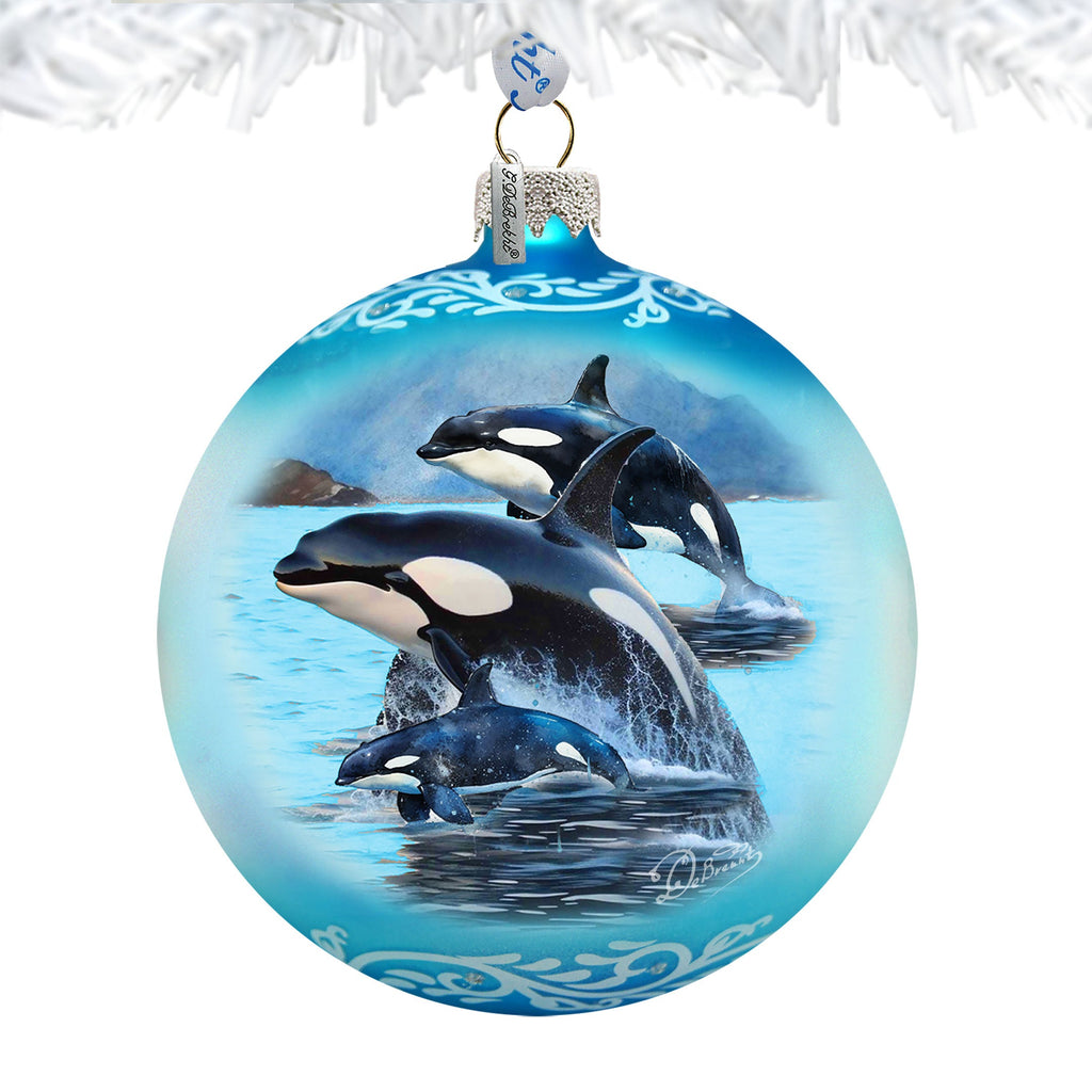 Orca Family Glass Ornament – Handcrafted Mercury Glass Ornament - Coastal Wildlife Holiday Decor by G. DeBrekht – 73391
