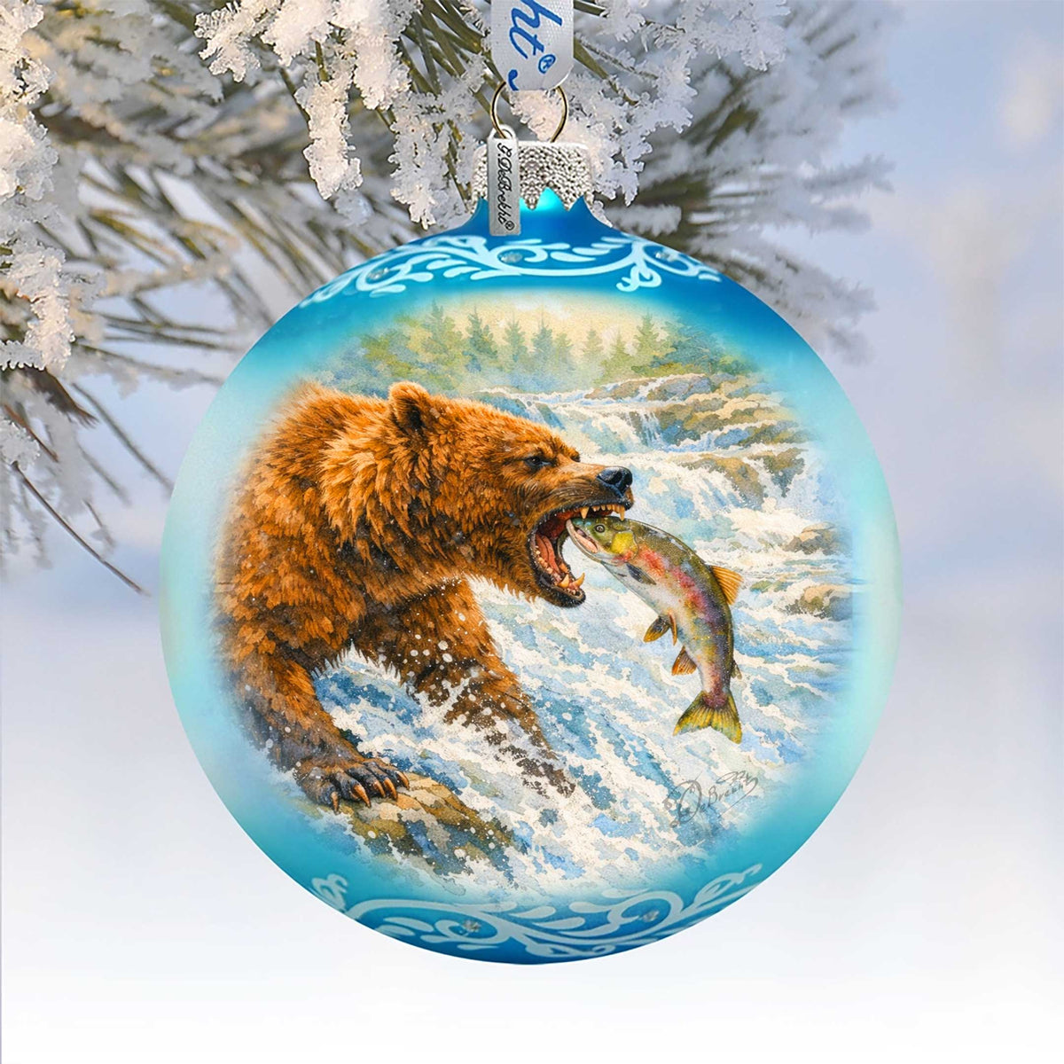 Grizzly Bear Fishing Glass Christmas Ornament – Hand-Painted Holiday Splendor Ornament by G. DeBrekht – 73404