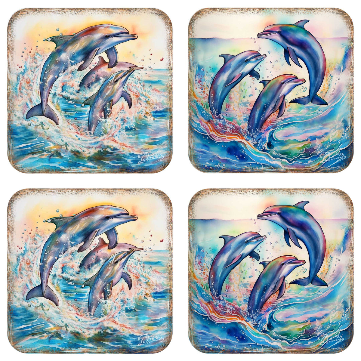 Dolphins Wooden Cork Coasters Gift Set of 4 by G. Debrekht - Coastal Holiday Decor  - 8199450-3C-S4