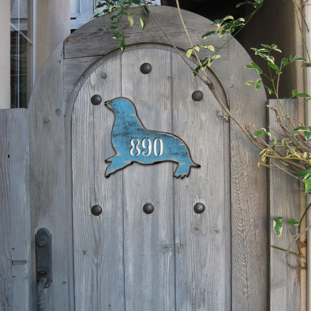 Seal Coastal Wooden Personalized House Number Sign by G. Debrekht - Coastal Sea-Life Decor - Handcrafted Wooden Handcrafted Wooden Handcrafted Wooden Address Sign - MA98532