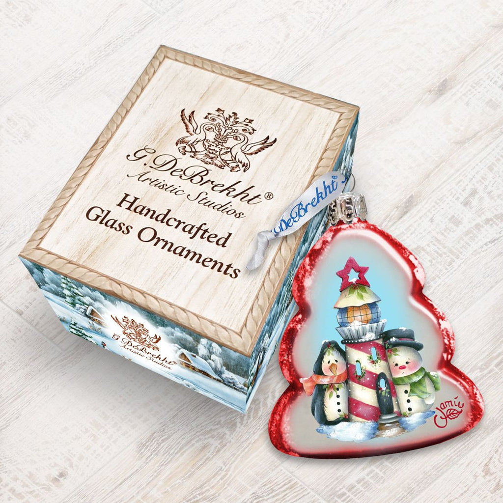 Lighthouse Penguin & Snowman Mercury Glass Ornament by Jamie Mills-Price - Christmas Santa Snowman Decor - 778203-7508