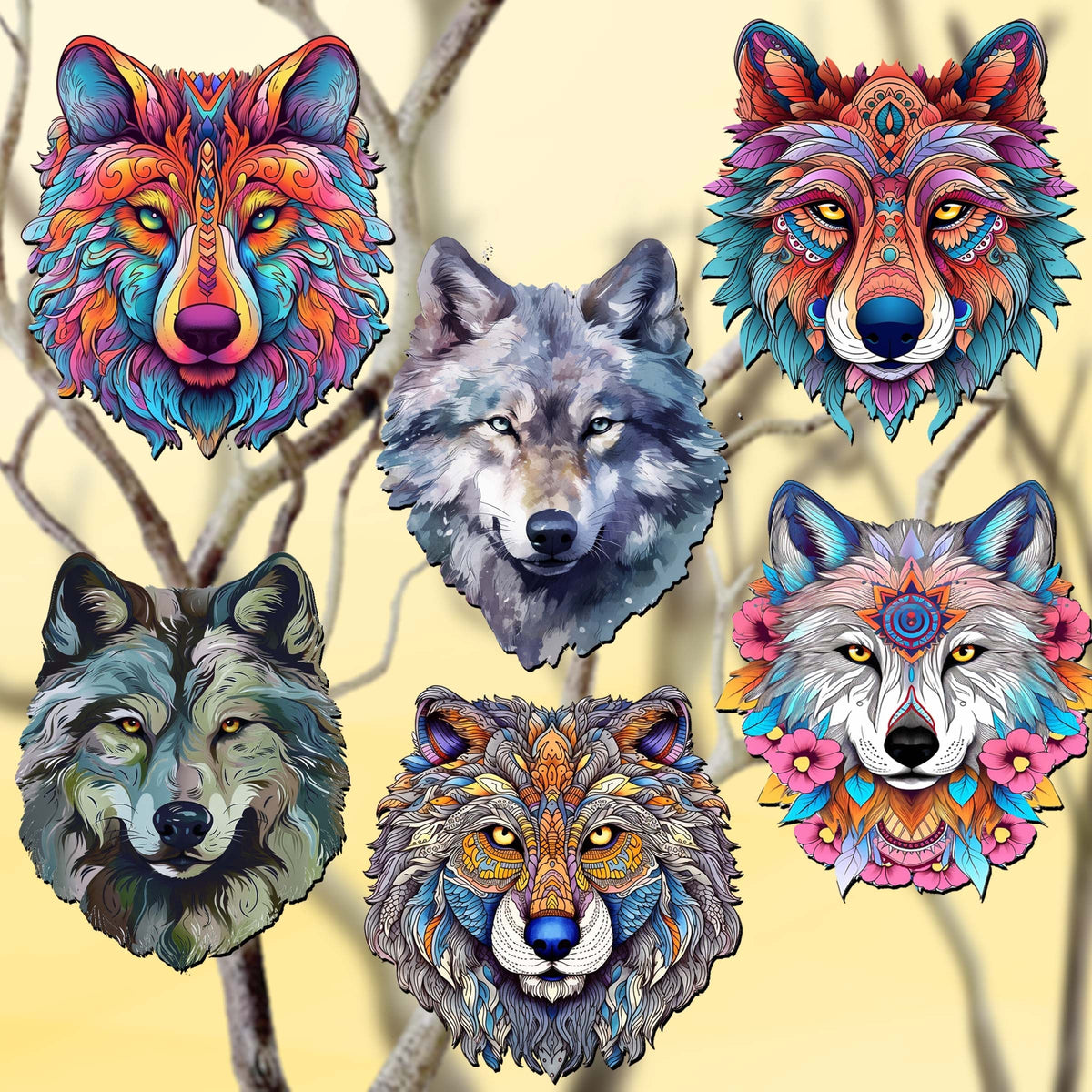 Enigmatic Wolves Clip-On Eco Wood Decorative Ornaments Set of 6 by G. Debrekht - Wildlife Decor - 8090113C-S6