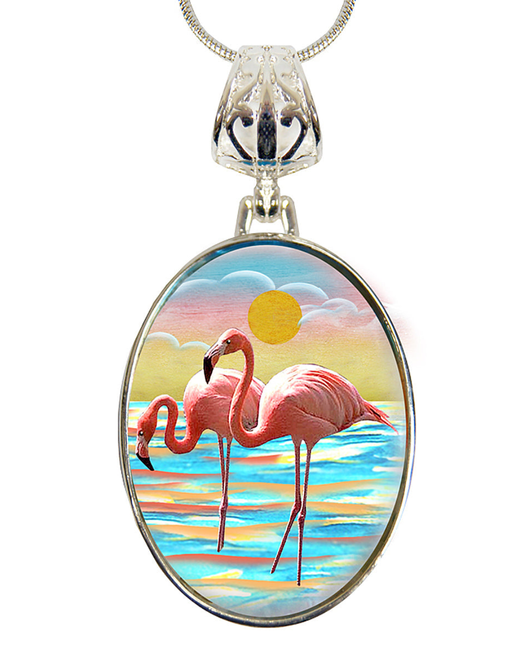 Flamingos Silver Plated Mother of Pearl Jewelry Pendant Necklace Coastal - 44046