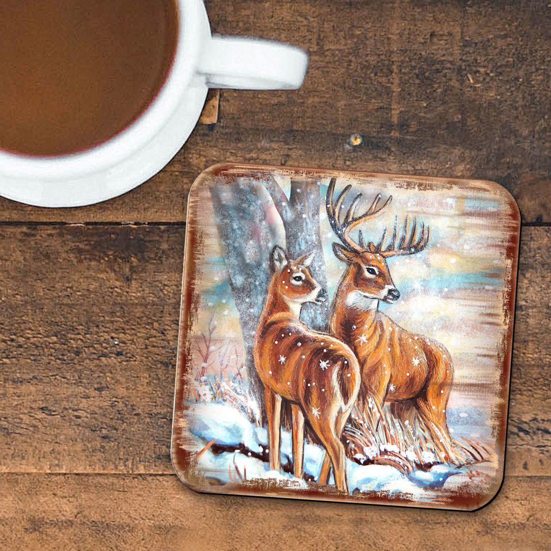 Deer's Wooden Cork Coasters Gift Set of 4 by Nature Wonders - Nature Wildlife Decor  - 95212C-S4