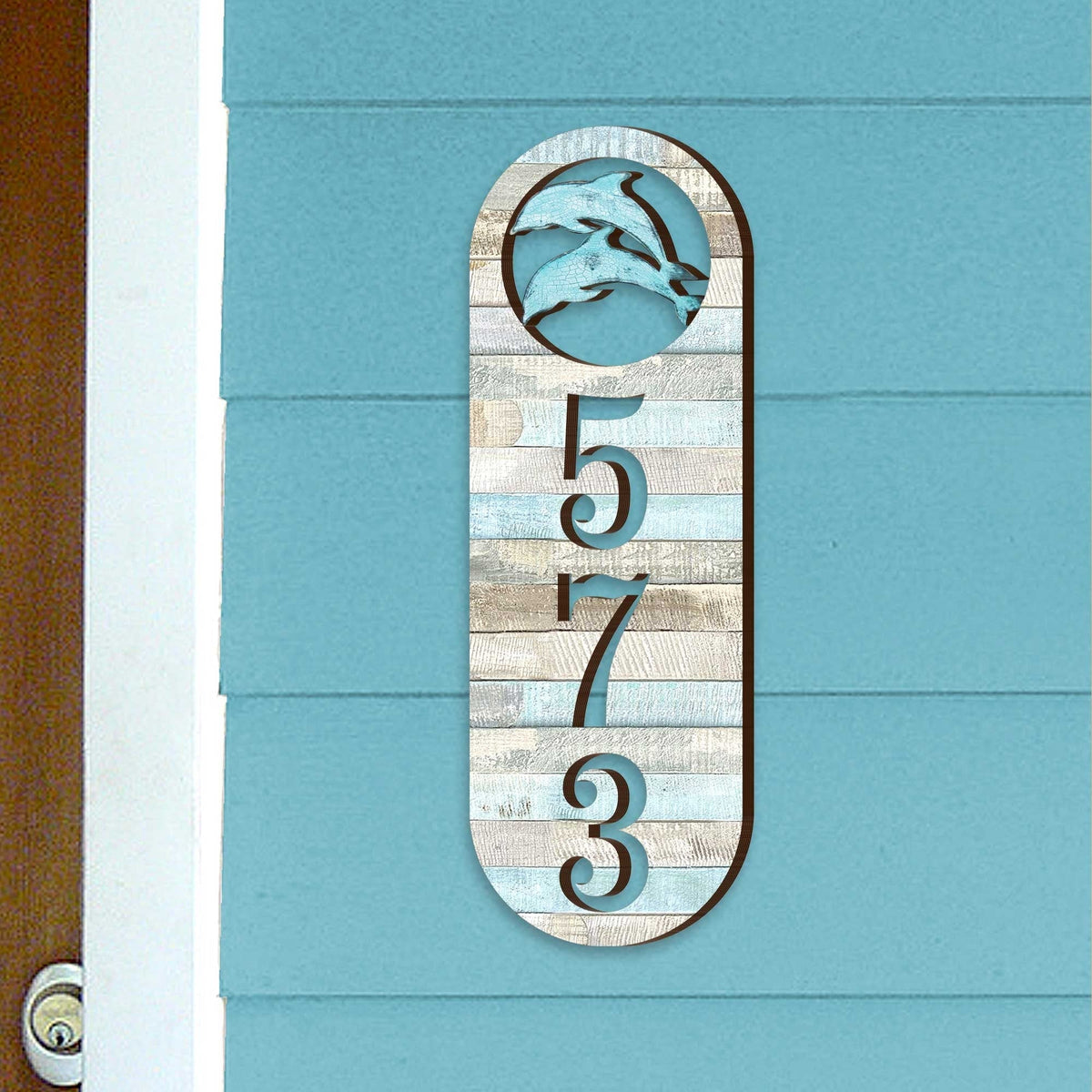 Beach House Numbers - Coastal Cottage Numbers Sign - Dolphins Wooden House Door Plaque - Custom Home Address Sign MA989812