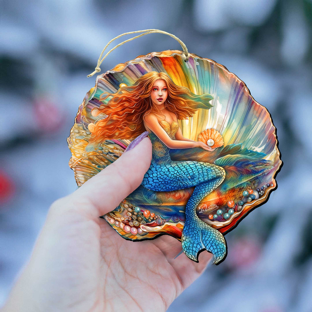 Nautical Christmas Decor - Mermaid in the Shell Wooden Ornaments by G.Debrekht Coastal Holiday Decor - 8688200