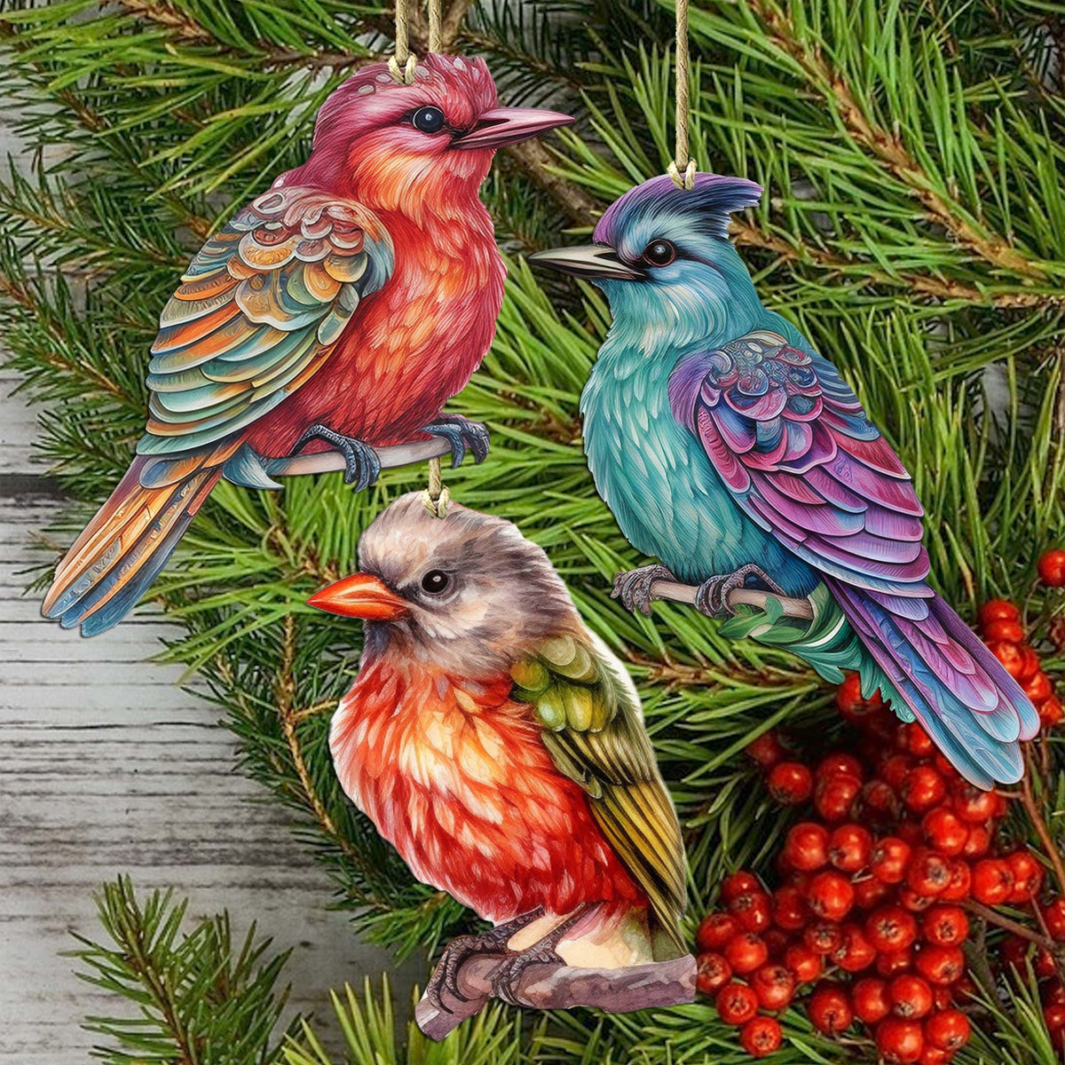 Colorful Birds Decorative Wooden Ornaments of 3 by G. Debrekht - Wildlife Decor - 8091003-S3