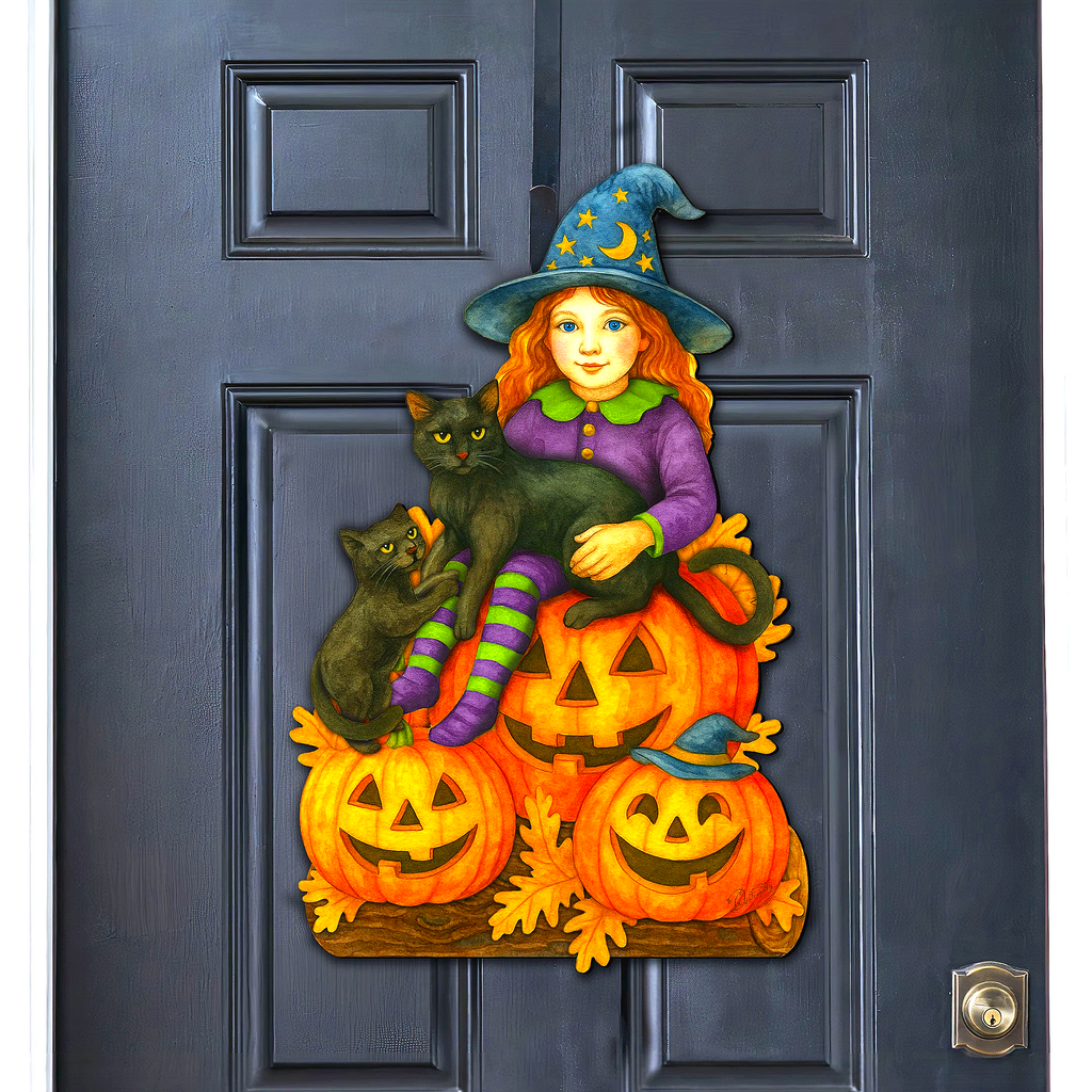 Halloween Witch with Black Cats Door Hanger – Handcrafted Wooden Door Décor by G. DeBrekht – 8652838H