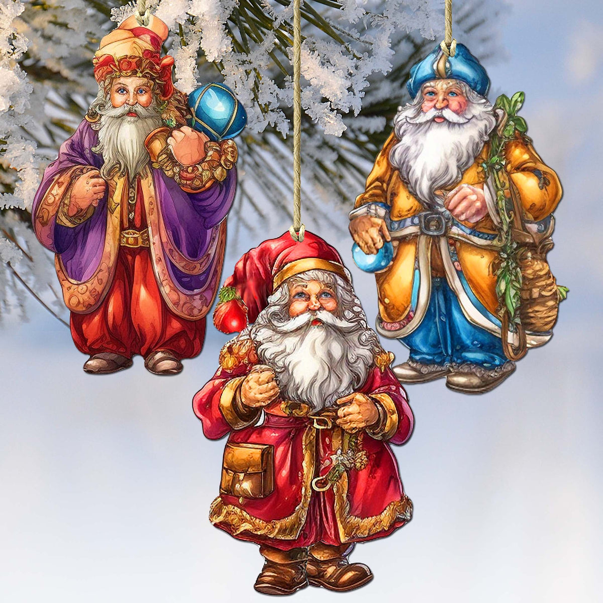 Colorful Santa Decorative Eco Wood Ornaments Set of 3 by G. Debrekht - Christmas Décor - 8091050-1-S3