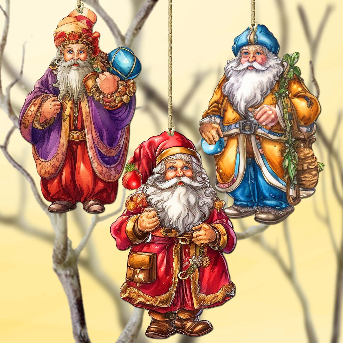 Colorful Santa Decorative Eco Wood Ornaments Set of 3 by G. Debrekht - Christmas Décor - 8091050-1-S3