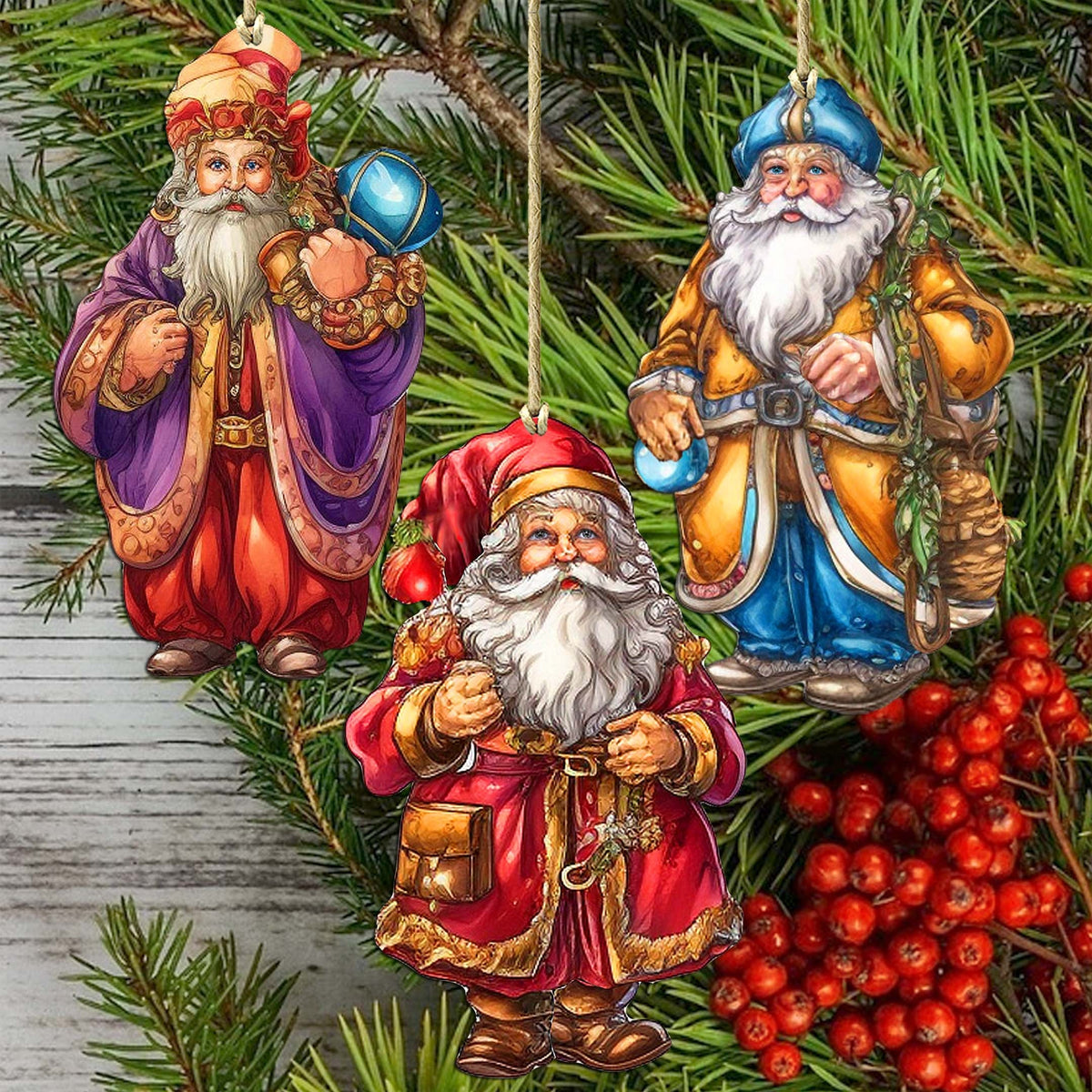 Colorful Santa Decorative Eco Wood Ornaments Set of 3 by G. Debrekht - Christmas Décor - 8091050-1-S3